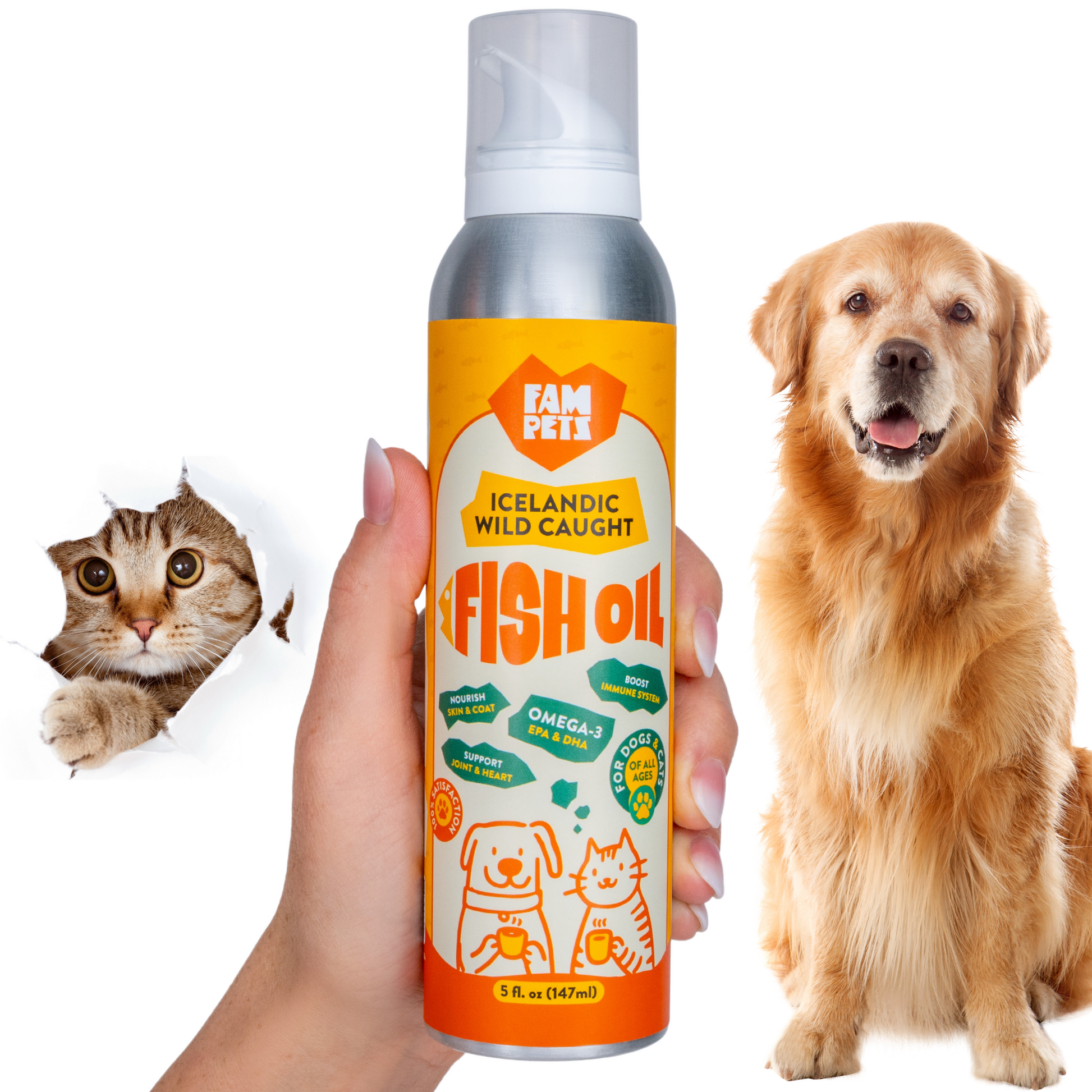 A bottle of Wild Icelandic Fish Oil Spray with a image of a cat peeking through a hole in a paper bag, and a dog looking towards the camera. The bottle is labeled with 'Fam Pets Omega-3 Fish Oil' and information suggesting benefits for pets' health.