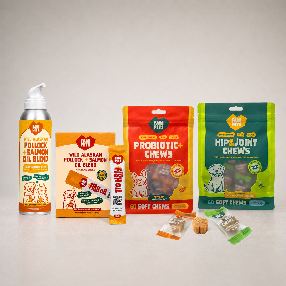 FAM Pets product lineup — omega-3 spray, sticks, and soft chews