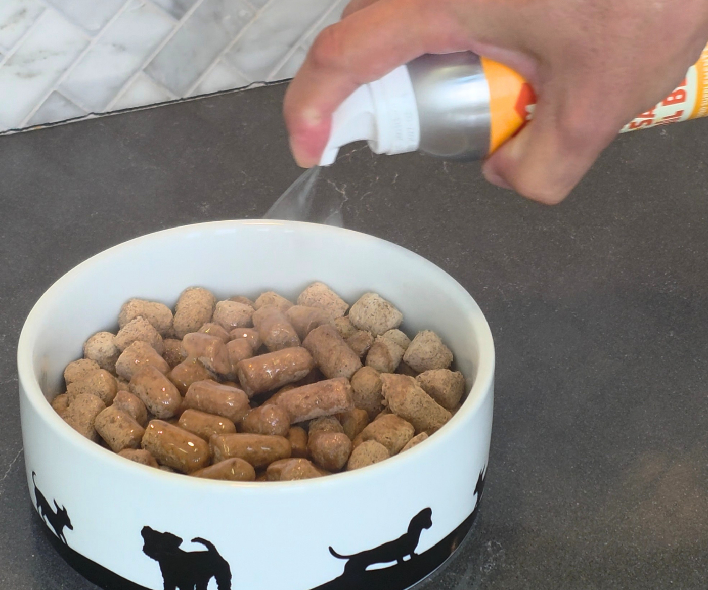 FAM Pets Omega 3 Spray covering dog food evenly