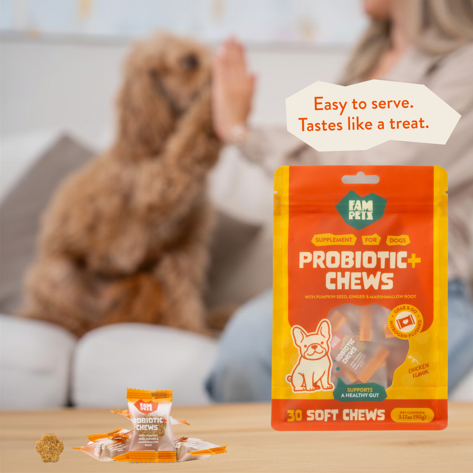Dog being served a FAM Pets Probiotic+ soft chew as part of a daily routine