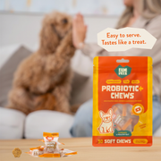 Dog being served a FAM Pets Probiotic+ soft chew as part of a daily routine
