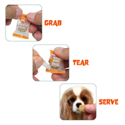 Grab, tear and serve instructions for an individually wrapped FAM Pets Probiotic+ chew
