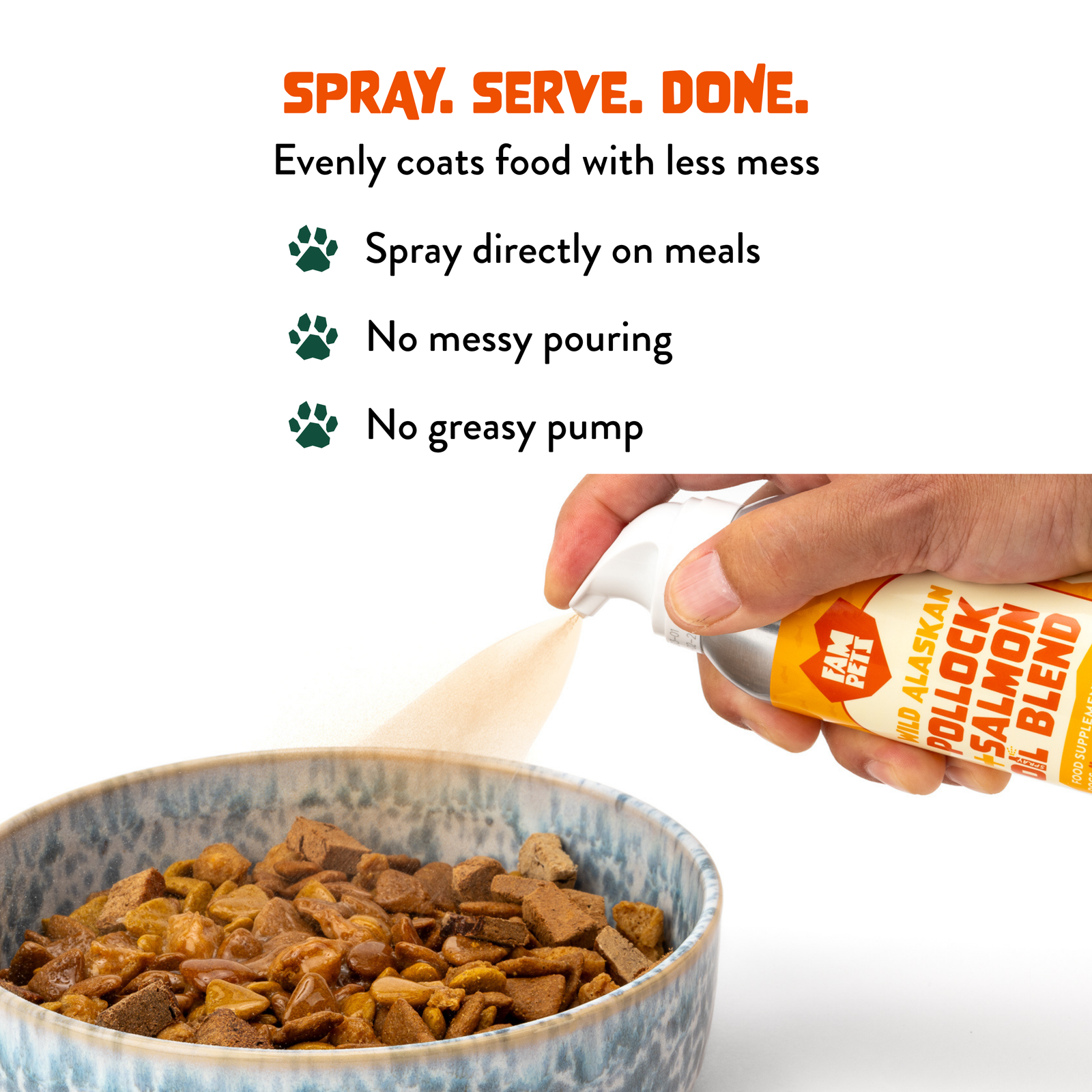 FAM Pets Omega-3 fish oil spray applied evenly over dry pet food