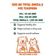 Omega-3, EPA and DHA amounts per teaspoon of FAM Pets fish oil spray for dogs and cats