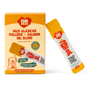 FAM Pets fish oil sticks box shown with one individually wrapped single-serve stick