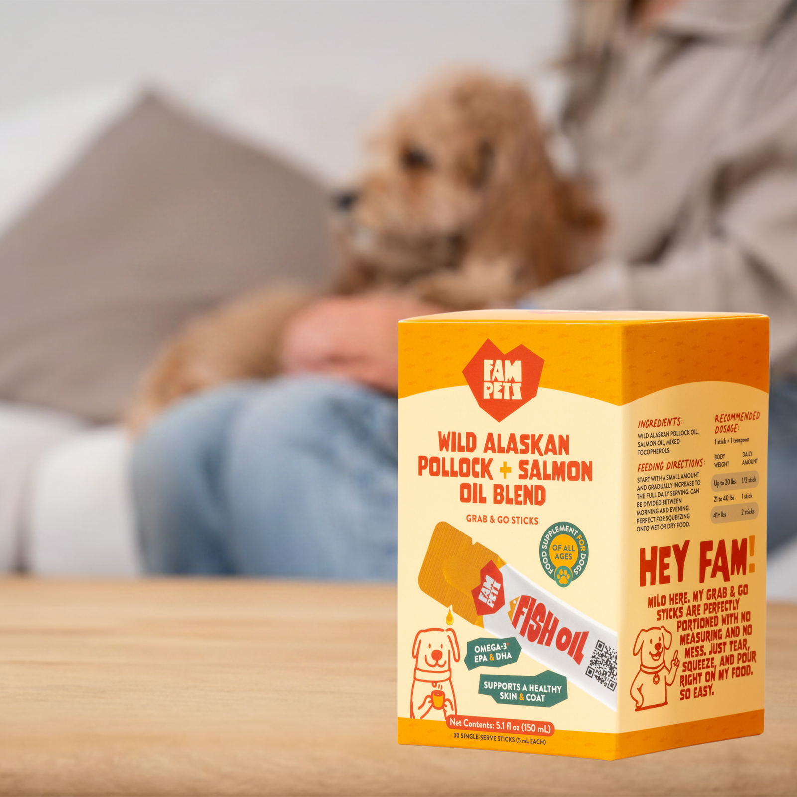 FAM Pets fish oil sticks package displayed during a relaxed at-home routine with a dog