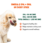Omega-3, EPA and DHA amounts in each FAM Pets fish oil stick with skin and coat benefits