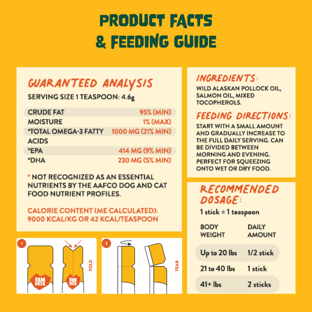 FAM Pets fish oil sticks product facts, ingredients, feeding directions and recommended dosage