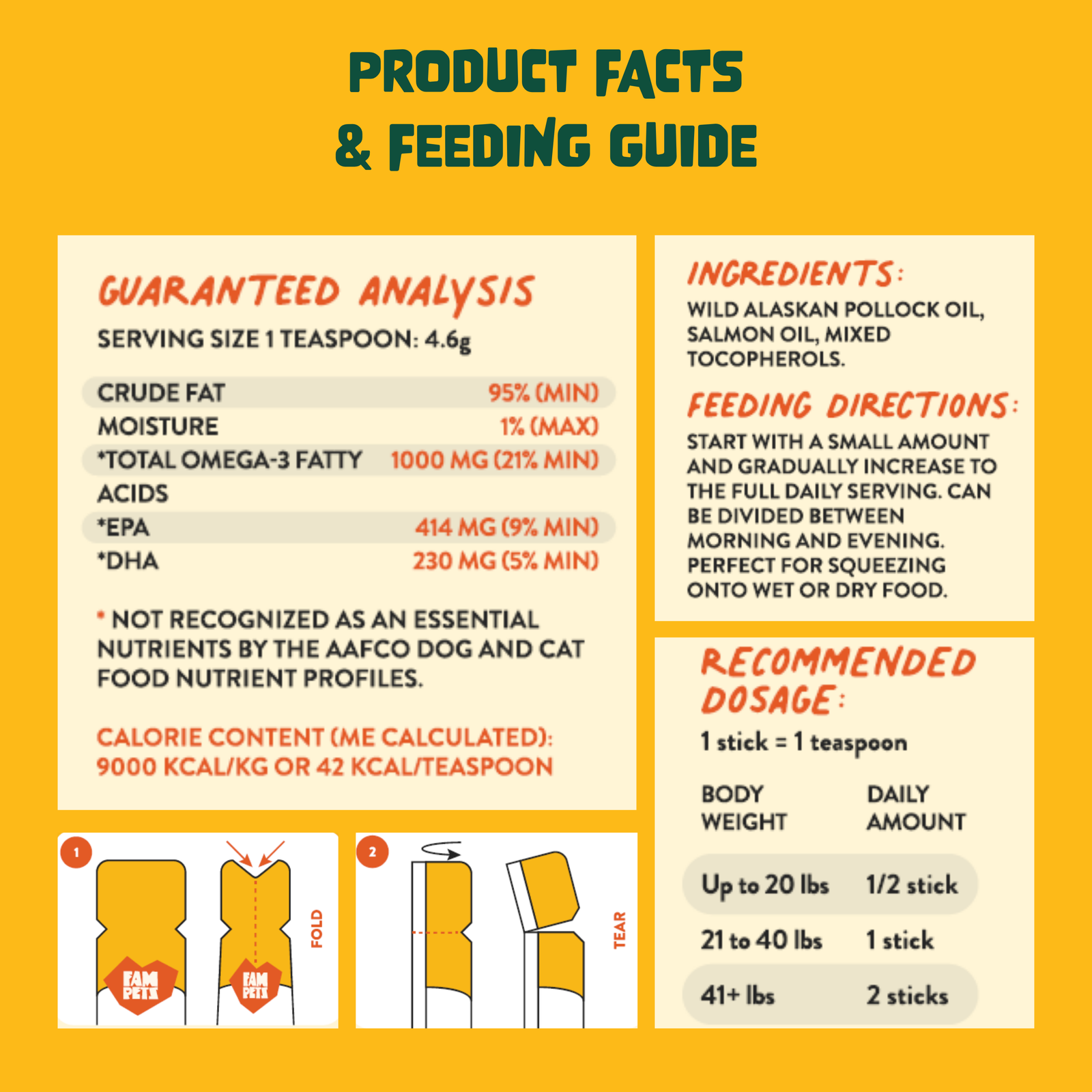 FAM Pets fish oil sticks product facts, ingredients, feeding directions and recommended dosage