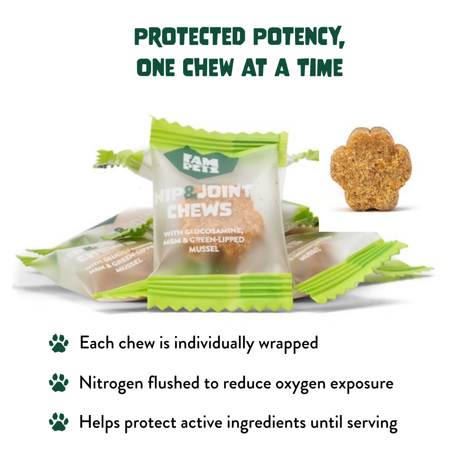 Individually wrapped FAM Pets Hip & Joint chews designed to help protect active ingredients until serving