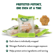 Individually wrapped FAM Pets Hip & Joint chews designed to help protect active ingredients until serving
