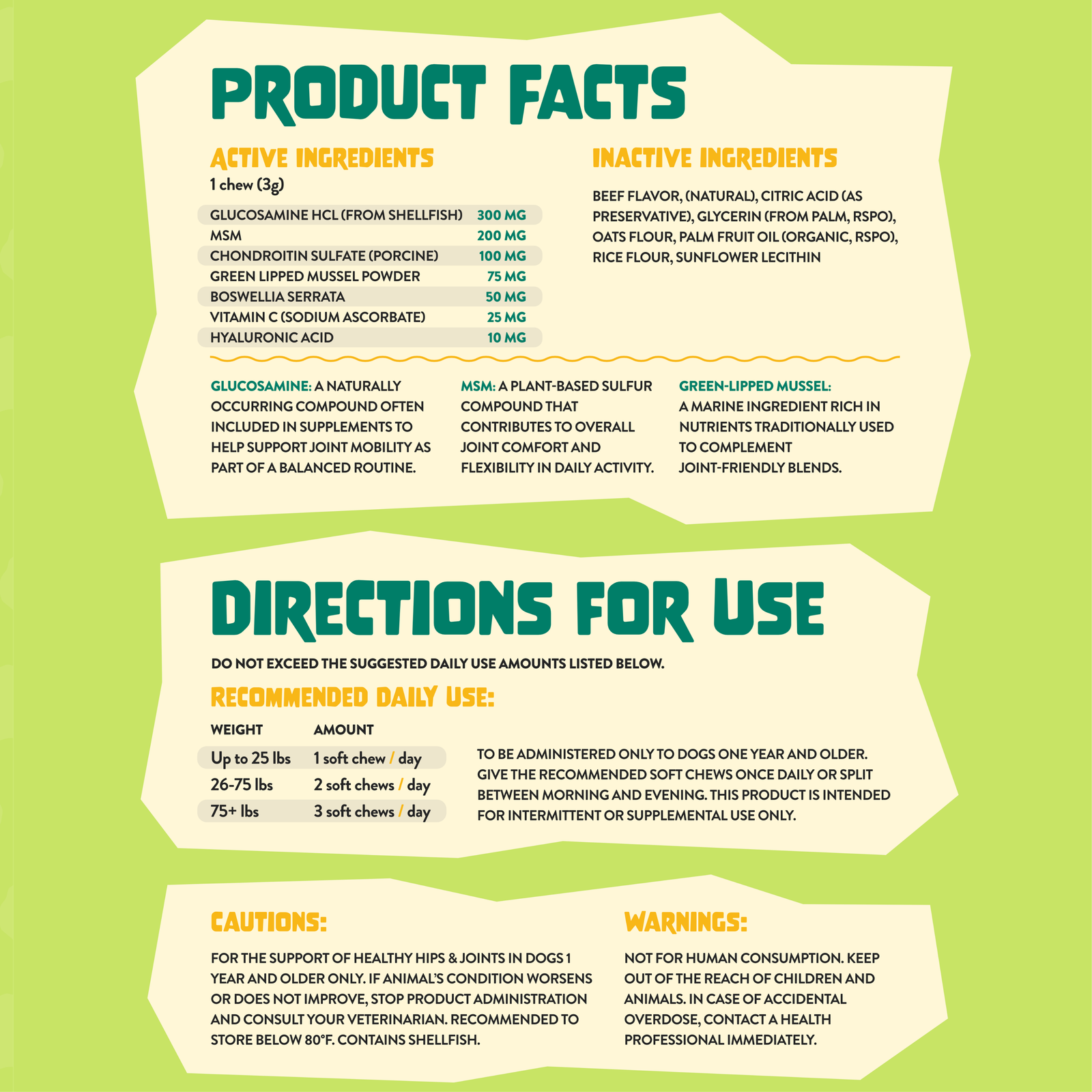 FAM Pets Hip & Joint product facts, ingredients, directions, cautions and recommended dosage
