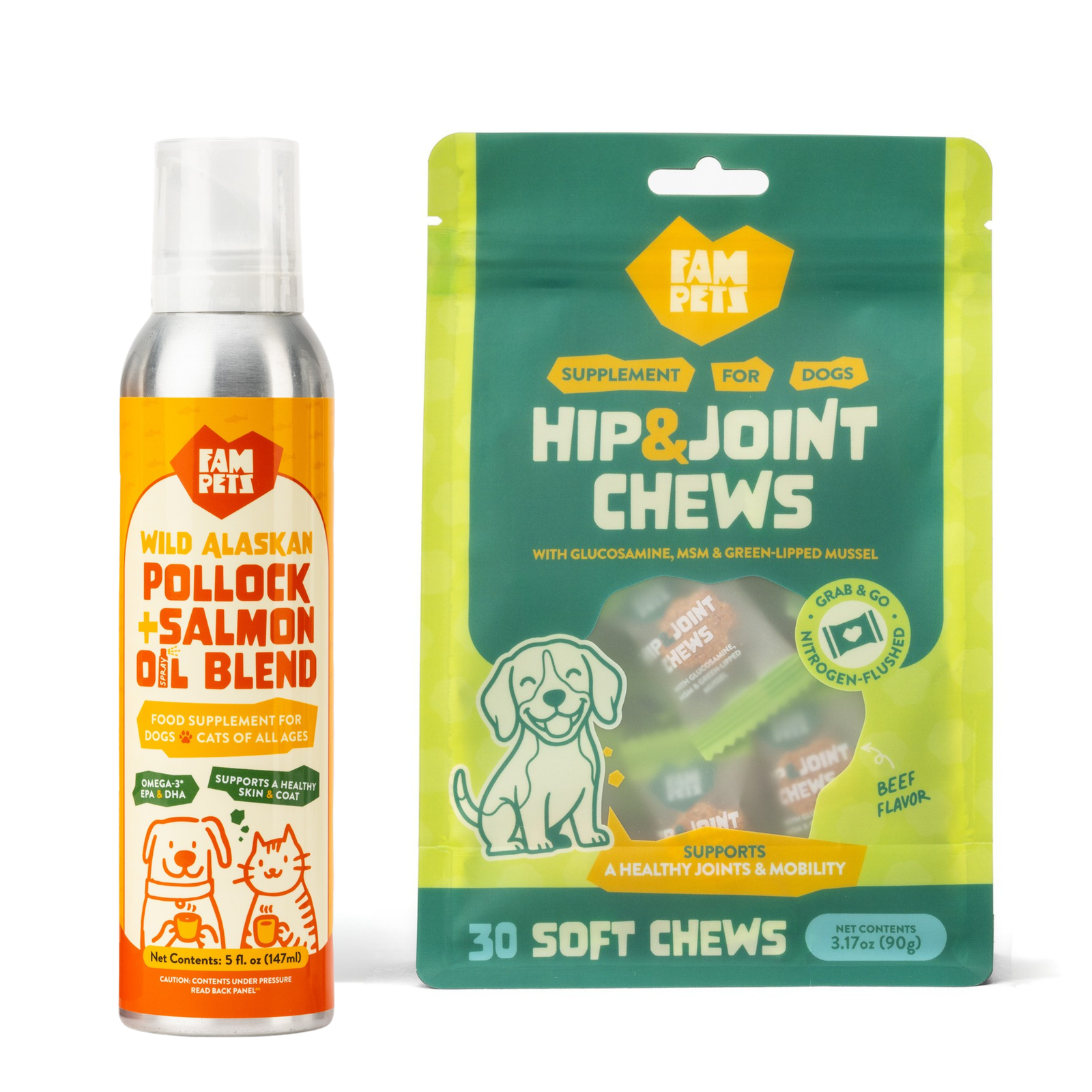 FAM Pets Fresh Start Bundle with Omega 3 Fish Oil Spray and Hip & Joint Soft Chews for Dogs