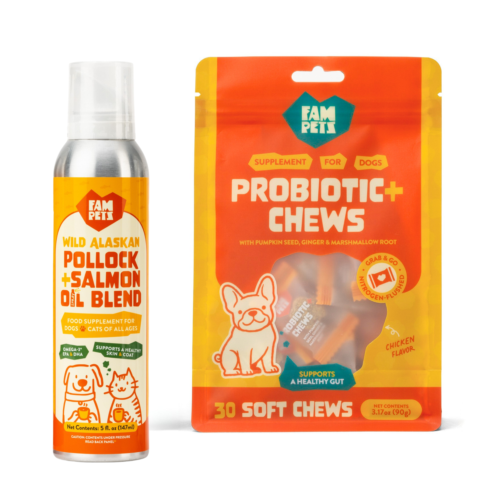 FAM Pets Fresh Start Bundle with Omega 3 Fish Oil Spray and Probiotic+ soft chews for Dogs