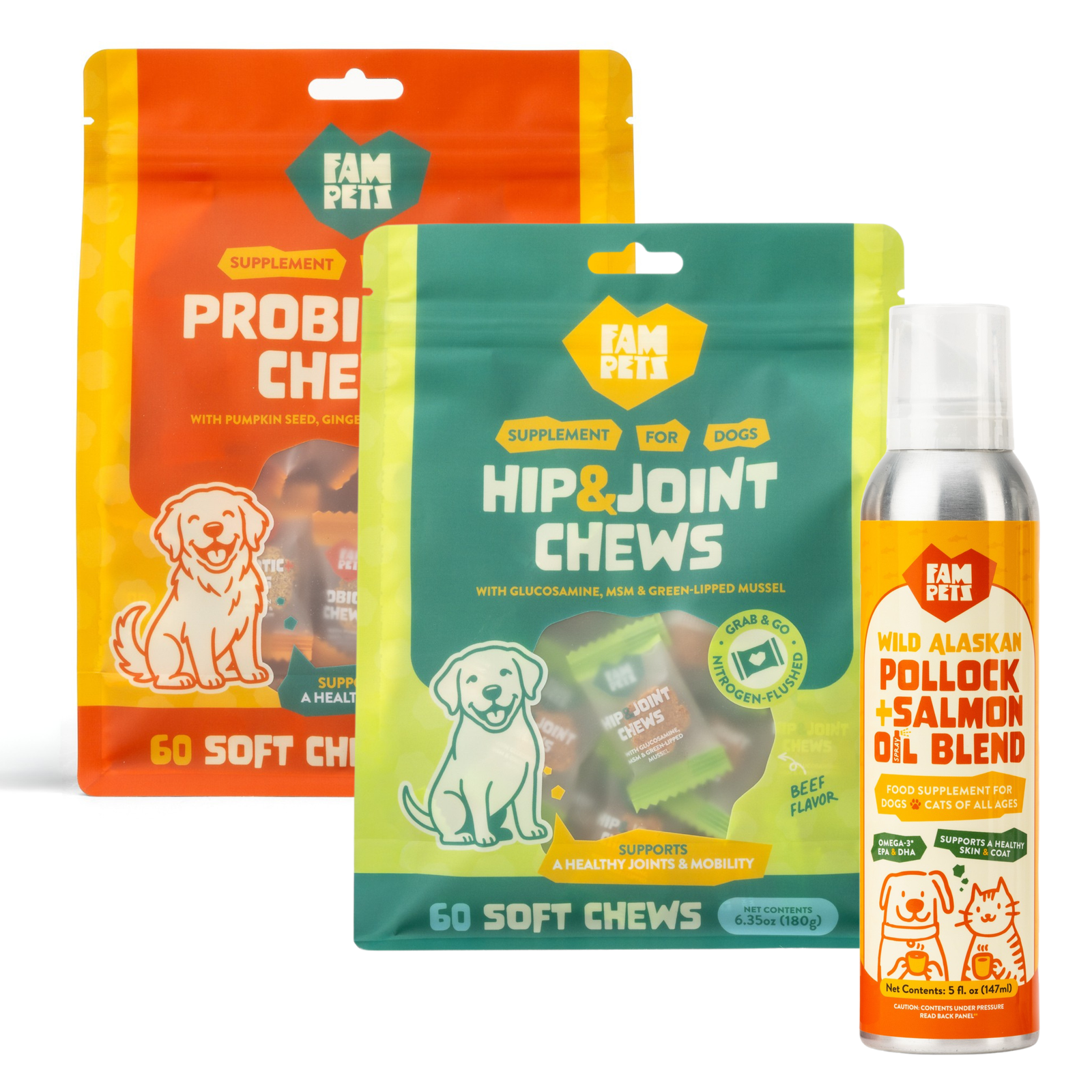FAM Pets Committed Bundle with Omega-3 Fish Oil Spray, 60-count Probiotic+ Soft Chews and 60-count Hip & Joint Soft Chews for Dogs