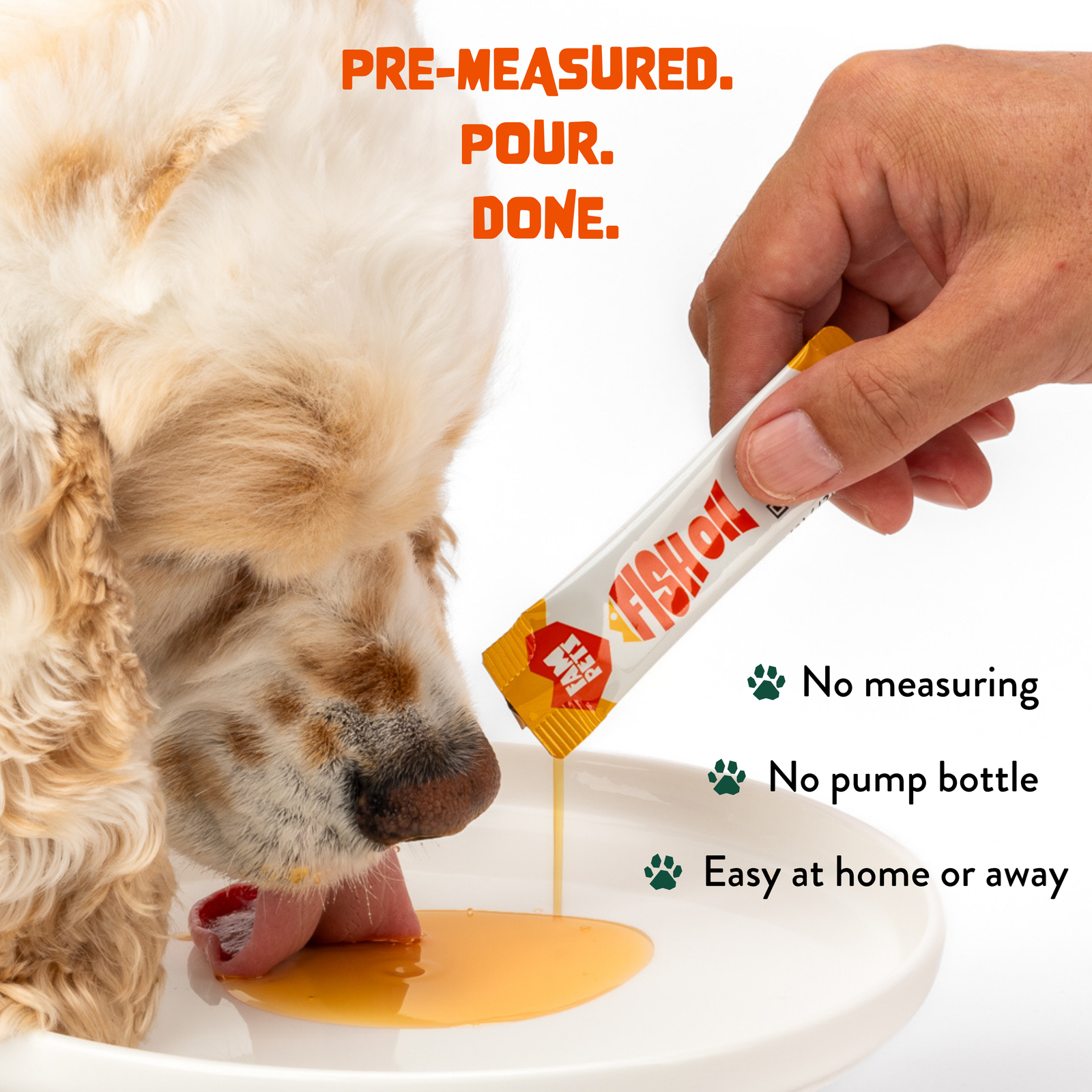 Pre-measured FAM Pets fish oil stick poured onto dog food with no measuring or pump bottle