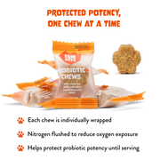 Individually wrapped FAM Pets Probiotic+ chews designed to help protect potency until serving