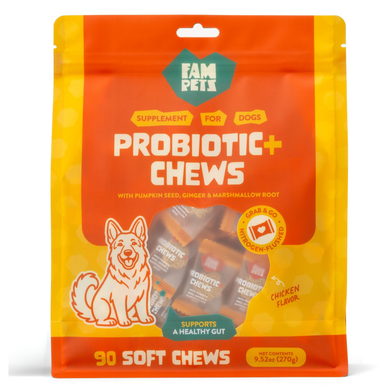 FAM Pets Probiotic+ Soft Chews for Dogs, 90-count orange pouch