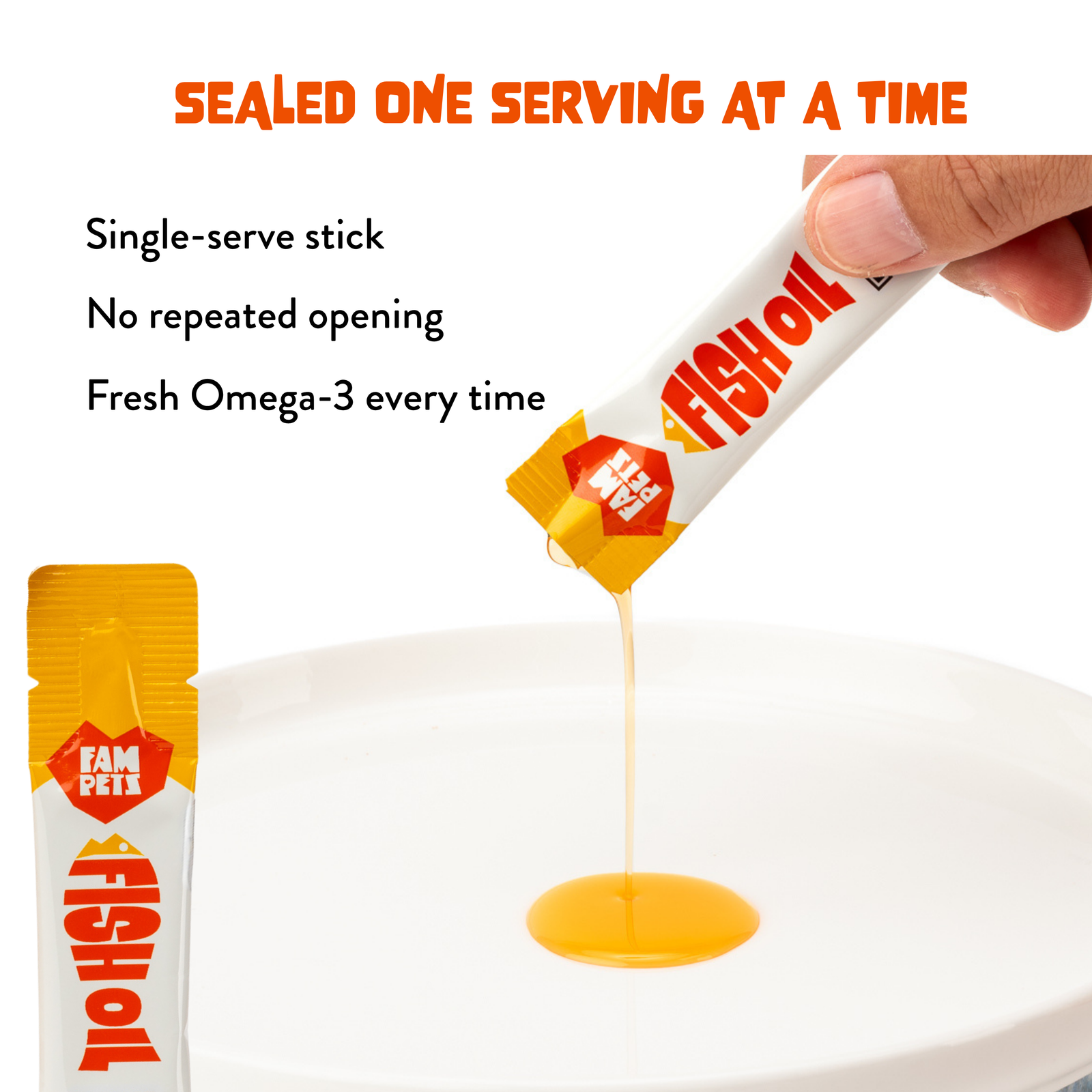 Single-serve FAM Pets Omega-3 fish oil stick being squeezed onto a pet food bowl