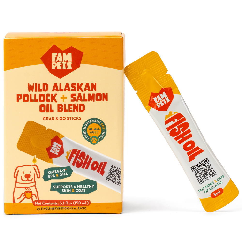 FAM Pets Wild Alaskan Fish Oil box shown with one individual 5 mL stick