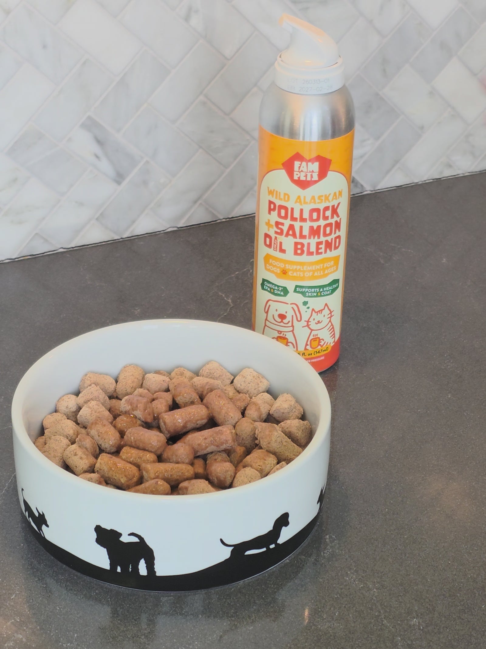 FAM Pets airless fish oil spray used cleanly on a dog's food