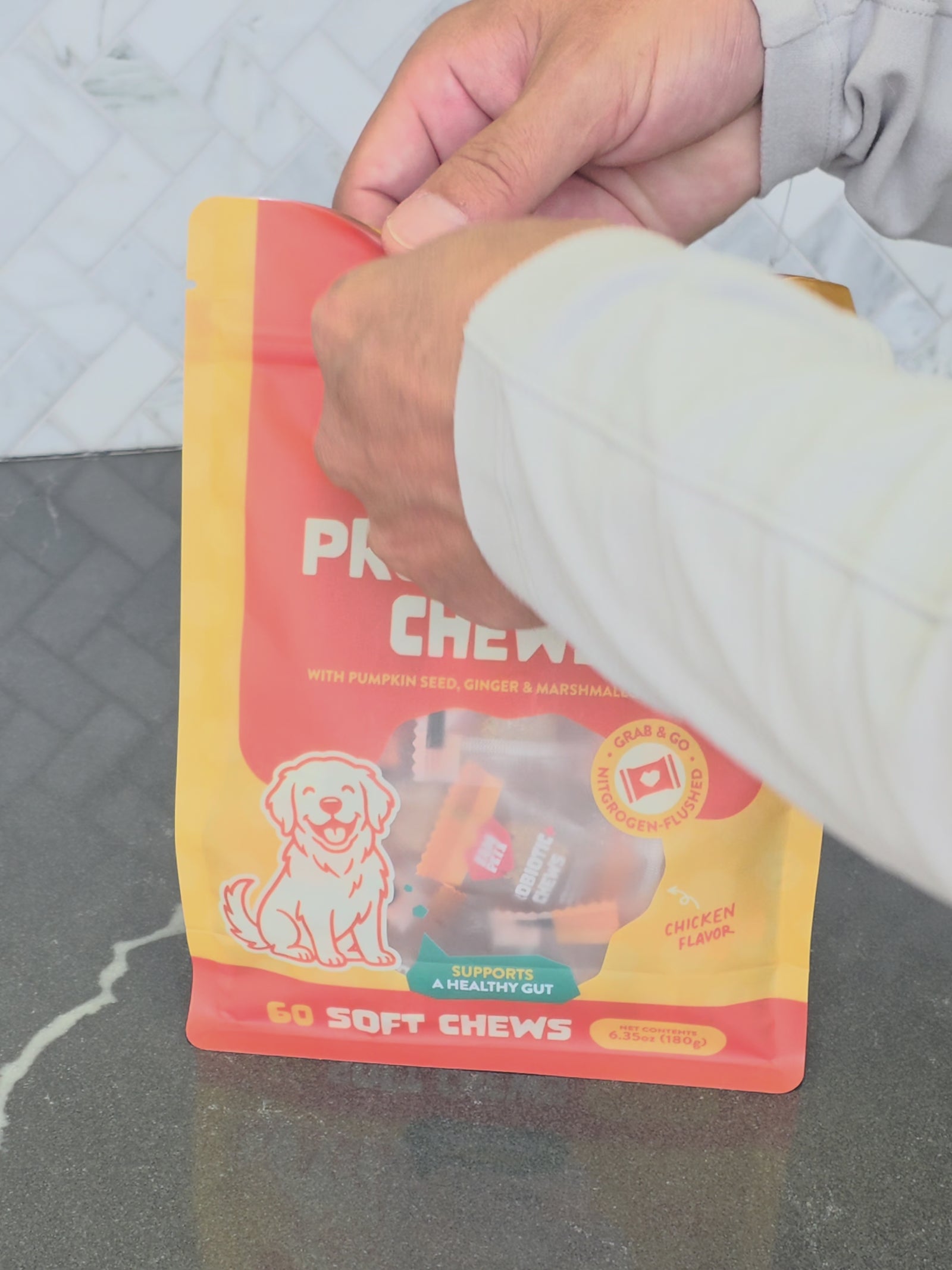 A FAM Pets soft chew opened fresh from its individual seal