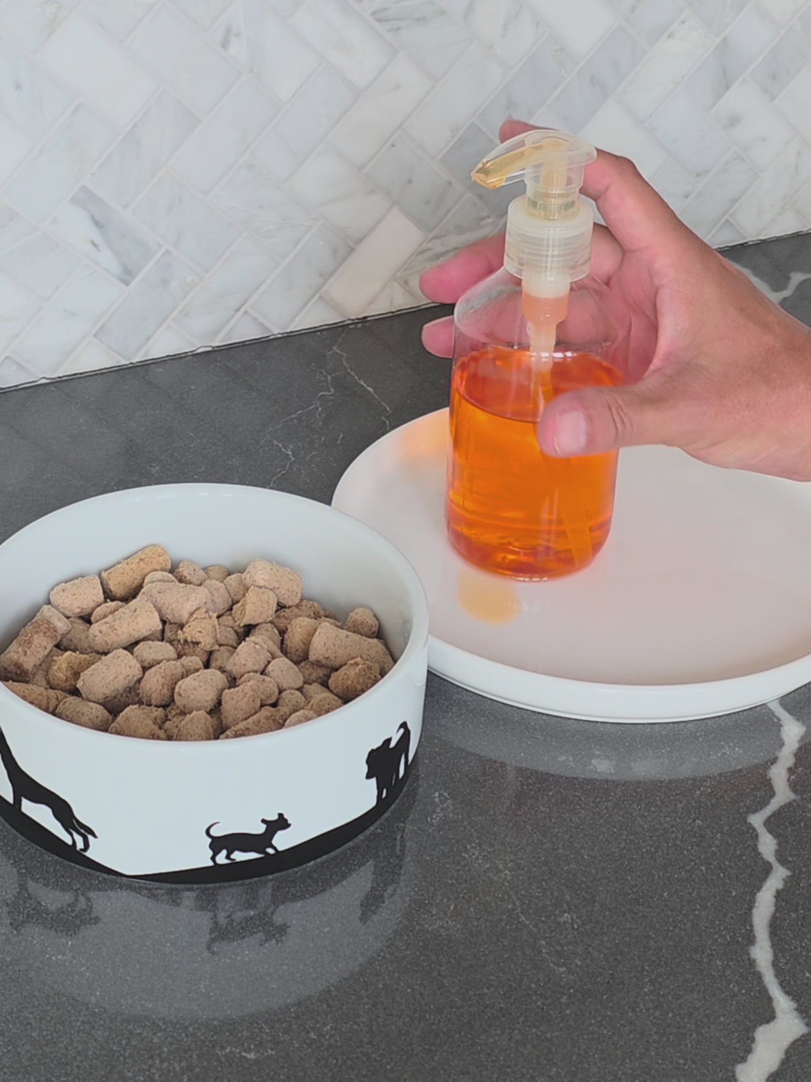 A traditional fish oil pump bottle showing a messy, air-exposed pour