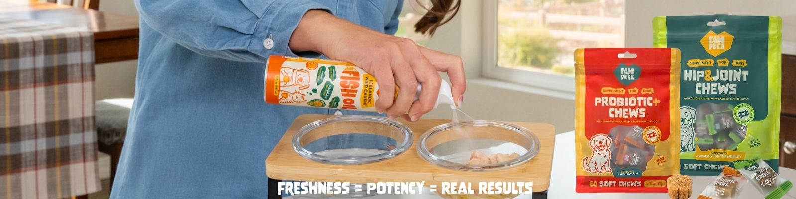 Fam Pets fish oil being sprayed onto dog food bowls with Probiotic+ and Hip & Joint chews on the counter